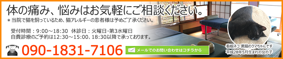 体の痛み、悩みはお気軽にご相談ください。＊当院で猫を飼っているため、猫アレルギーの患者様は予めご了承ください。TEL：090-1831-7106　受付時間 9:00～18:30 休診日：火曜日・第3水曜日 自費診療のご予約は12:30～15:00、18:30以降で承っております。